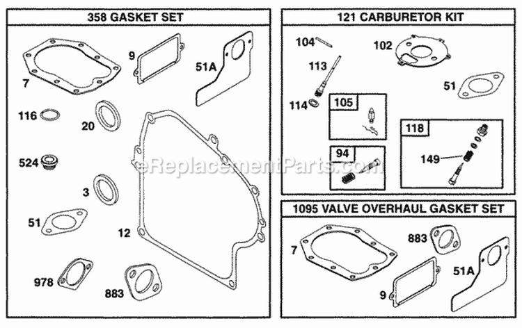 Gasket Sets Diagram and Parts List for  Briggs and Stratton Engine